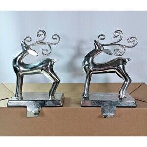 Pair of Silver Reindeer Stocking Holders – Mantelpiece Christmas Decor – Metal
